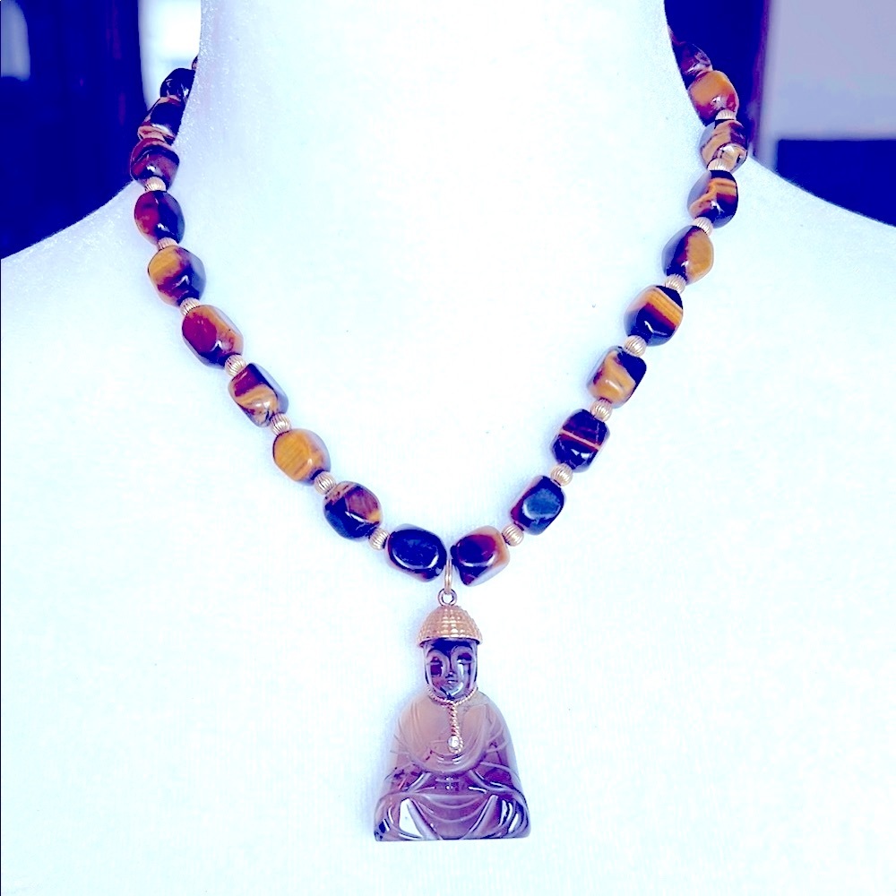 💎Diamond Buddha💎Tiger Eye 14k Necklace💎